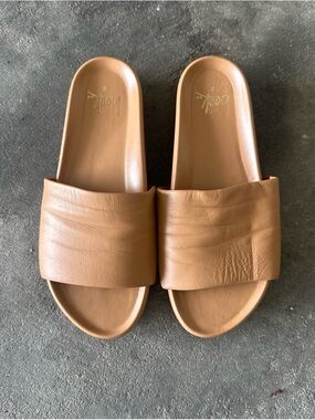 beek Wide Strap Slide Sandals in Tan